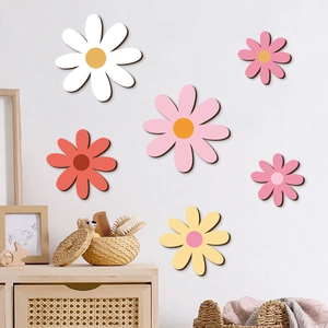 Bohemian daisy wooden wall art set with six colorful floral signs for farmhouse home decor