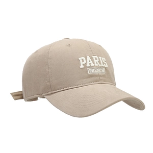 Khaki cotton baseball cap with white PARIS FRENCH embroidery on a white background