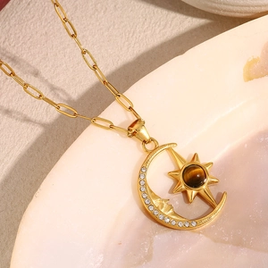 Star Moon Pendant Necklace 18K Gold Plated Stainless Steel Tiger Eye Stone Zircon Paperclip Chain Celestial For Women