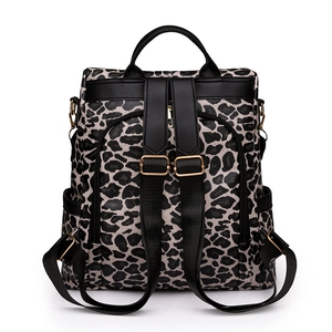Women's leopard print fashion backpack in textured PU leather with adjustable straps