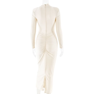 Detail view of beige long sleeve dress featuring hidden back zipper and ruched buttocks