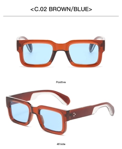 Front and side views of thick square sunglasses with brown frames and blue lenses