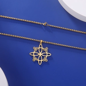 Macro view of golden stainless steel necklace with geometric hollow pattern pendant