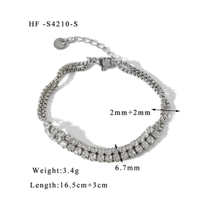 Detailed view of silver double-layered stainless steel bracelet with square zircon dimensions