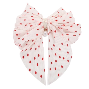 French style chiffon bow hair clip with red polka dots and pearl bead accents