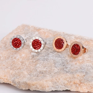Retro stainless steel round earrings with Roman numerals and red crystal paving