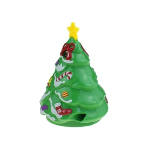 Detailed view of green plastic clockwork Christmas tree toy with festive ornaments