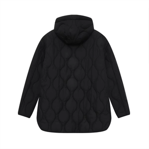 Women's black hooded quilted jacket with wave patterns and long sleeves casual style