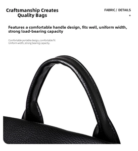 Macro view of rounded leather handle and lychee grain texture on a black tote bag