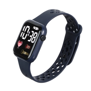 Navy blue sports electronic LED watch with breathable silicone strap and health tracking
