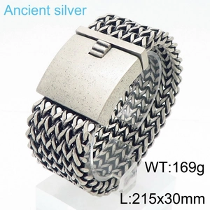 Detailed view of ancient silver wide braided stainless steel bracelet weighing 169g