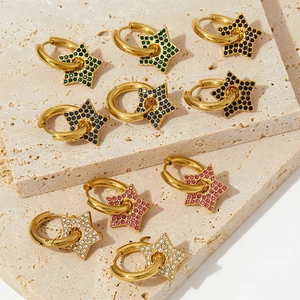 Stainless Steel Pentagram Hoop Earrings With Multi Color Rhinestone Pave Five-pointed Star Dangle Earrings For Women Fashion Jewelry