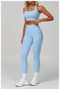Light blue two-piece yoga set featuring seamless high-waist leggings and sports bra