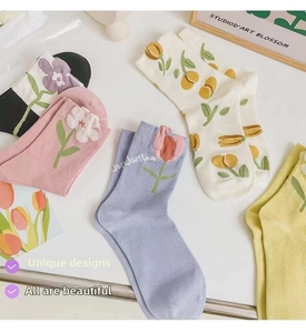 Detailed view of floral pattern socks in pastel colors with sweet tulip prints