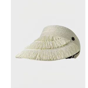 Straw open top sun hat with triple layer fringe and elegant side buckle in cream white