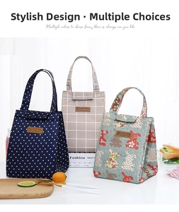 Various styles of insulated lunch bags with dot and grid patterns for office meals