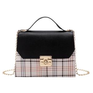 Retro plaid crossbody bag for women with gold chain strap and black pebble leather flap