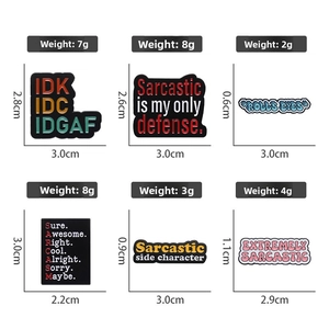 Detailed grid view showing dimensions and weight of six sarcastic enamel pins