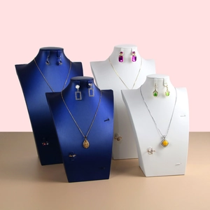 4-piece bust jewelry display set for necklaces and earrings in white and blue finishes