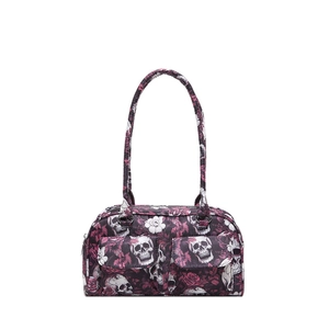 Floral skull print canvas shoulder bag with double front flap pockets in purple and pink