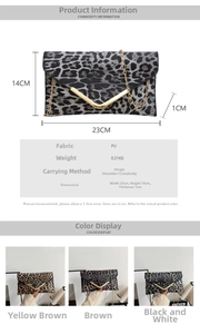Detailed size chart and specifications for the leopard print PU leather envelope clutch bag