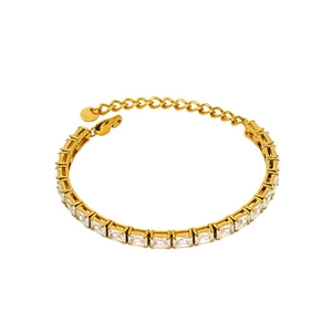 Gold tennis bracelet featuring square-cut colorful zircons with adjustable lobster clasp