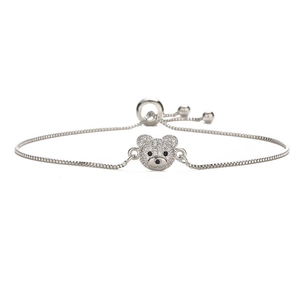 Adjustable silver chain bracelet with a bear charm paved in cubic zirconia