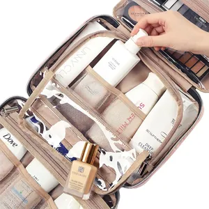 Pink waterproof travel toiletry bag with hanging hook and multi-compartment organizer