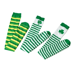Detailed flat lay of St. Patrick's Day striped knee-high socks with clover patterns
