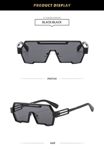 Front and 45-degree angle detail of black futuristic punk shield sunglasses for fashion