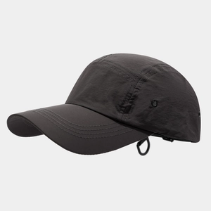 Detail of quick-dry nylon camp cap featuring side metal eyelets and adjustable drawcord