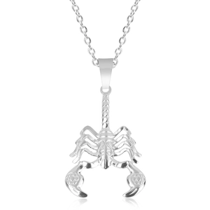 Close-up of a polished silver scorpion pendant with metallic luster on white background