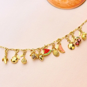Bracelet en argent S925 doré avec pendentifs de fruits tropicaux sur fond rose