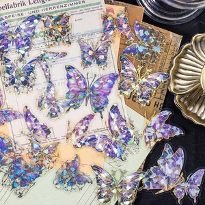 Laser gold butterfly PET stickers with dreamy purple and blue aesthetic for scrapbooking