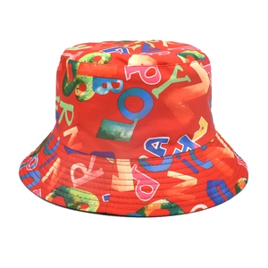 Vibrant red bucket hat featuring colorful all-over alphabet prints for outdoor sun protection