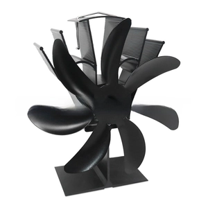 Top down macro view of 12-blade black aluminum heat powered fireplace stove fan