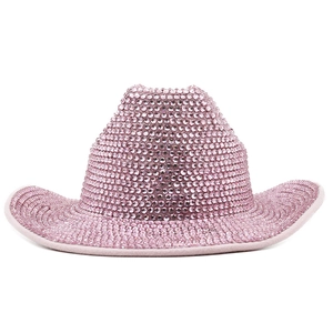 Detailed view of pink sparkling rhinestones on classic western felt cowboy party hat