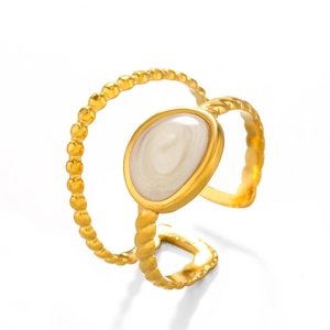 Minimalist 18K gold-plated stainless steel double-layered ring with white oval inlay