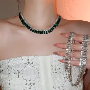 Elegant Rectangular Rhinestone Copper Necklace Baguette Cut Emerald Green Party Jewelry For Women Luxury Shine Accessory