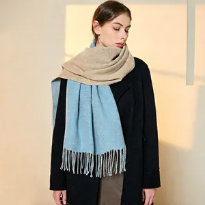 Double-sided cashmere shawl scarf with long tassels in blue and beige color block