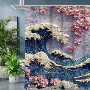 Detailed texture of 3D embossed wave and cherry blossom waterproof fabric shower curtain