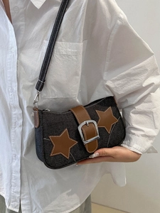 Retro denim hobo bag with brown star patches and metal buckle, Y2K style shoulder bag