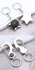 Detail of silver compass keychain with integrated bottle opener on a map background