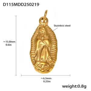 Detailed specs for 18k gold plated stainless steel Virgin Mary pendant with dimensions