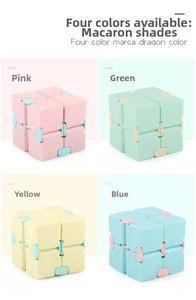 Four colorful macaron fidget infinity cubes in pink, green, yellow and blue for stress relief