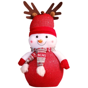 Christmas snowman plush with red reindeer hat, knit sweater and striped scarf ornament