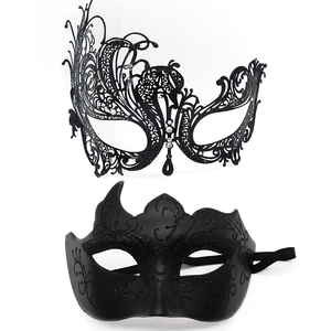 Elegant pair of black masquerade masks with intricate filigree metal and glitter details