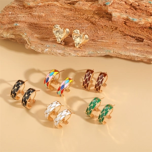 French vintage style heart studs and colorful enamel hoop earrings in gold plated finish