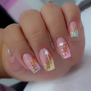 Square Press On Nails Rainbow French Tip Gold Foil Heart Nude Gradient Detachable Fashion Cute For Women