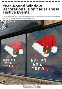 Détail de stickers vitres Happy New Year avec bonnets de Noël rouges et décor de houx